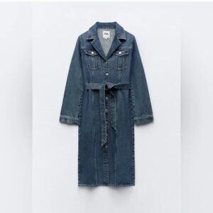 Denim Jeans Dress by Zara Midi Button Up with Belt Long Sleeve NWT Size L